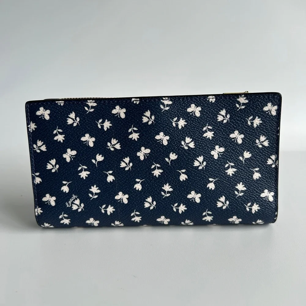 Coach Slim Zip Wallet Deep Blue Floral Butterfly Leather CB024 NWT